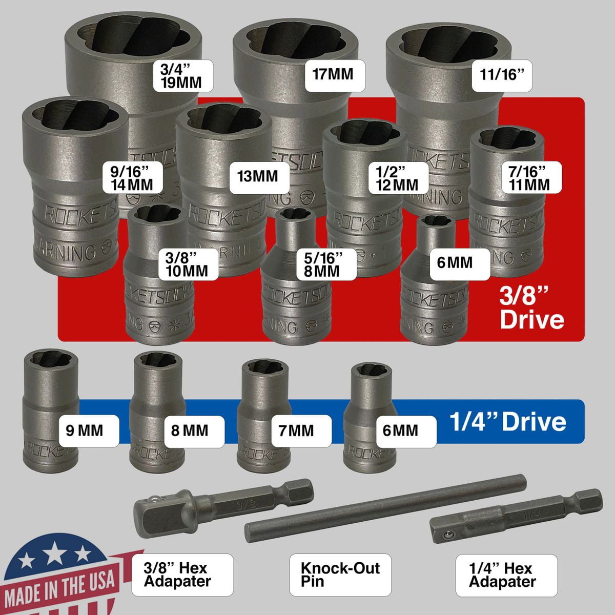 Rocketsocket, Bolt, Nut & Screw Extractor Socket Wrench & Set, 18 Pieces