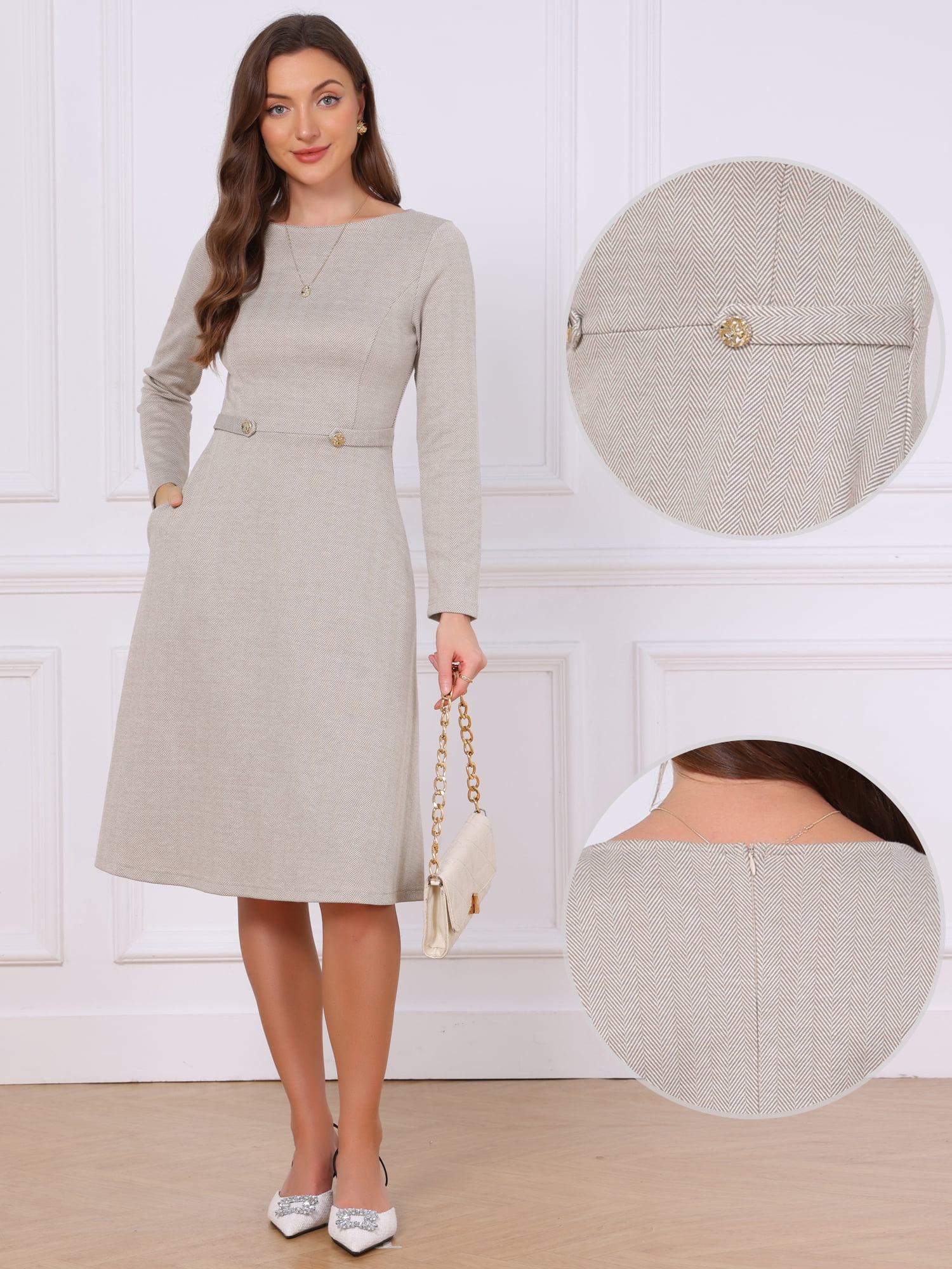 DARING DIVA Women's Work Dresses Boat Neck Long Sleeve A-Line Dress S Taupe