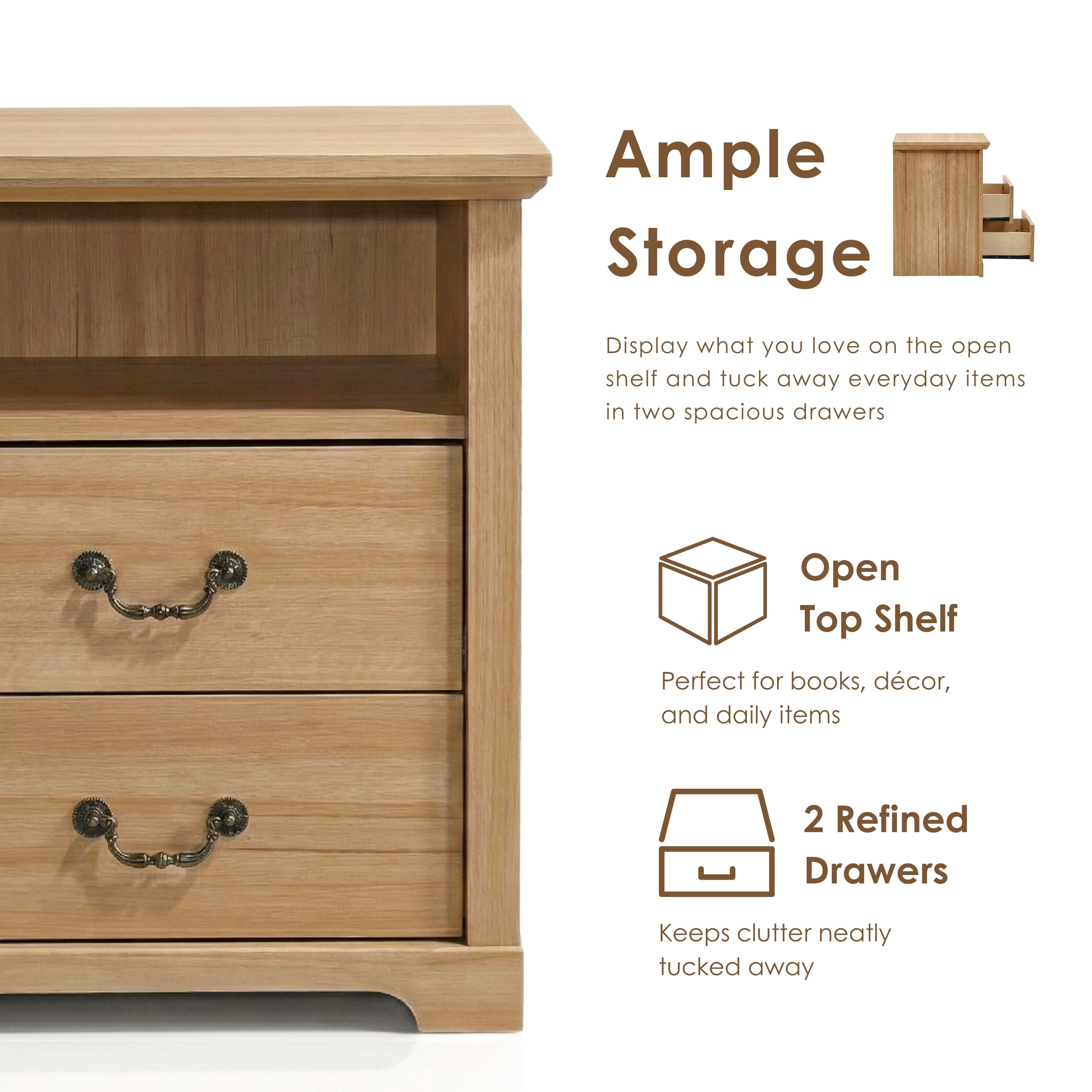 Furniture of America Chara Modern Wood 2-Drawer Nightstands with Open Top Shelf, Set of 2, Natural