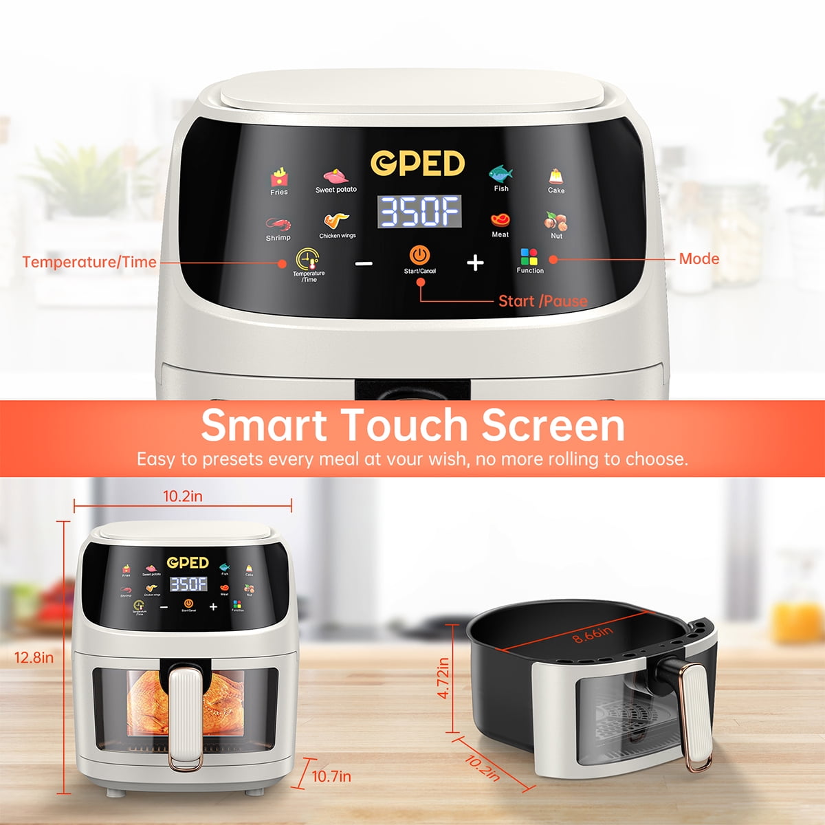 GPED Air Fryer, 7.5 QT 8-in-1 Oilless Air Fryer Oven with Visible Cooking Window, Nonstick and Dishwasher-Safe Basket, Customized Temp/Time, Including Air Fryer Paper Liners 50PCS, Ivory