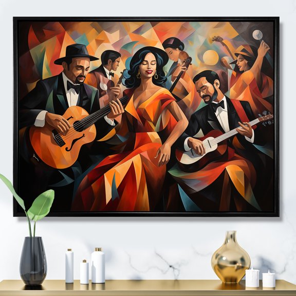 Designart "Elegance of Floral Piano in Jazz Room" Entertainment Framed Wall Art - Vintage Orange Music Entryway Framed Wall Art Print