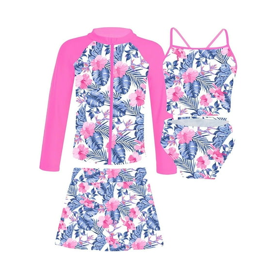 YONGHS Girls 4 Pieces Swimsuits Rash Guard Swim Set Shirt Crop Top Briefs Shorts Swimwear Bathing Suit Pink 14