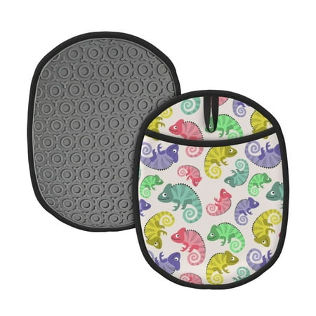 

Lukts Colorful Pattern With Cute Chameleons Print Silicone Pot Mat Mitten With Hanging Loop Heat Resistant Oven Mitts Non-Slip Bbq Baking Smoking Potholders