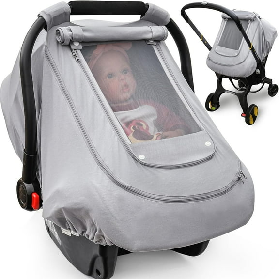 Baby Car Seat Cover for Summer,100% Organic Cotton Carseat Cover for Babies,Infant Car Seat Cover Canopy for Boys& Girls, Lightweight & Breathable (Gray)