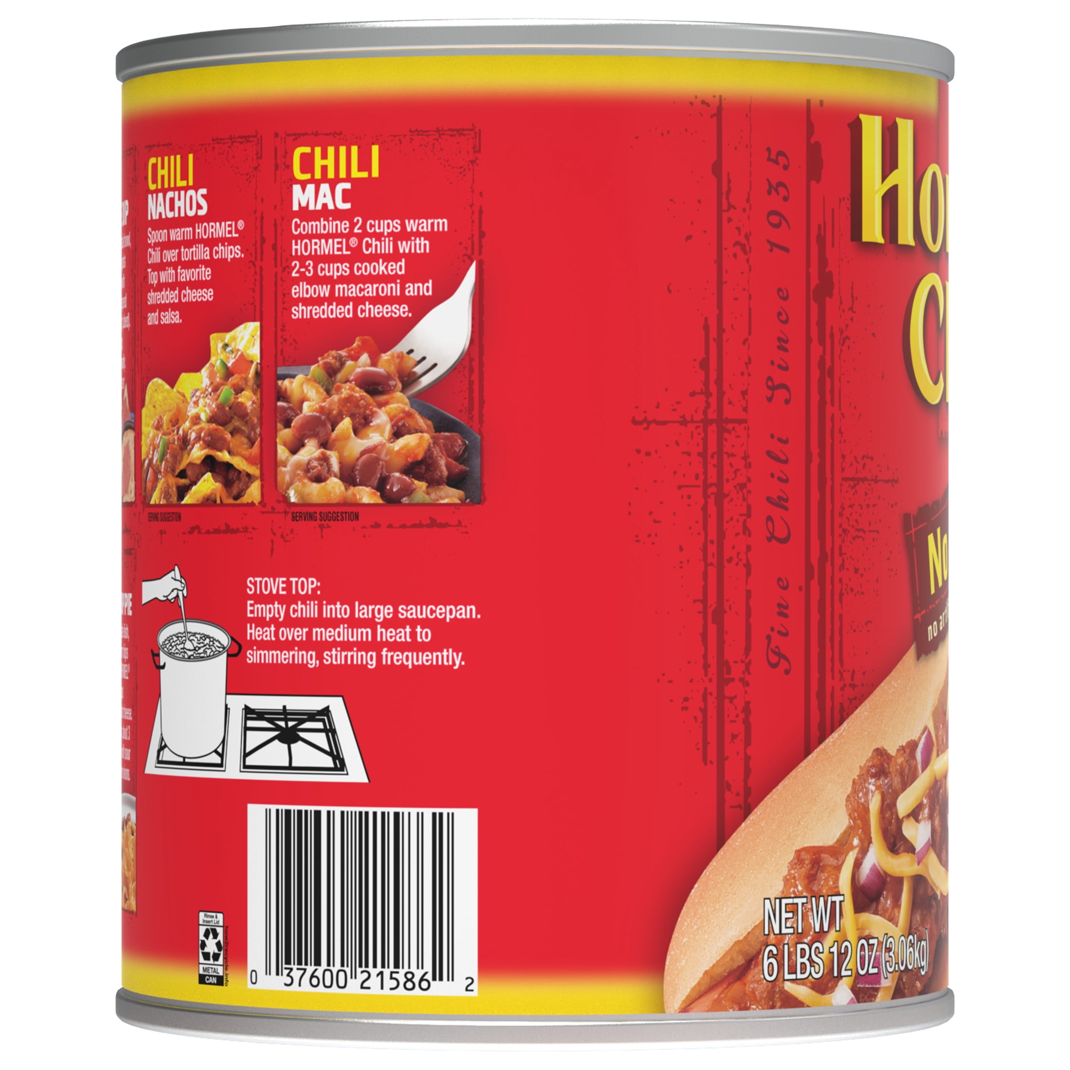 (2 pack) HORMEL Chili, No Beans, Shelf-Stable, Large 108 oz Steel Can