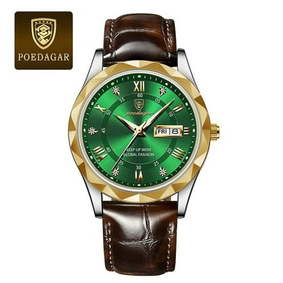 POEDAGAR Montre pour Homme Verte de Luxe à Quartz avec Bracelet en Cuir, Étanche, Lumineuse, Date, Mode, Montre-Bracelet pour Homme