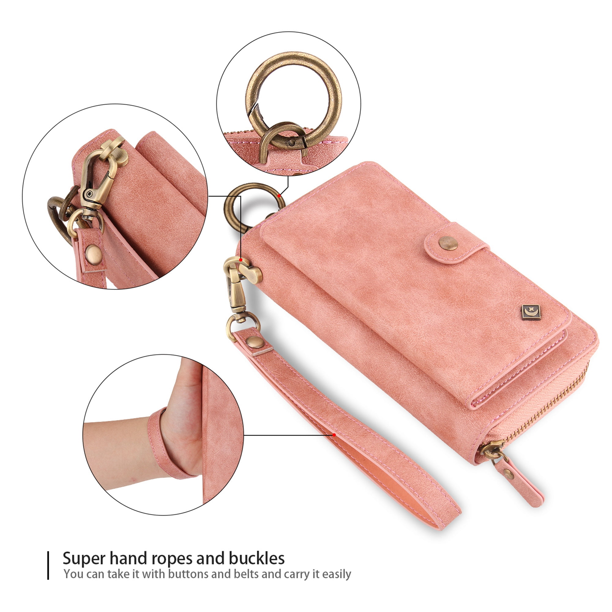 iPhone 8 Plus Wallet Detachable Case, iPhone 7 Plus Case, Dteck [wrist band & metal buckle] [14 Card Slots] Zipper Purse Phone Case Folio Flip PU Leather Removable Magnetic Back Cover, Pink