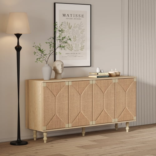 Rattan Sideboard Buffet Cabinet with Handcrafted Seagrass Doors, 59" Wood TV Stand for Hallway Entryway Dining Room Natural