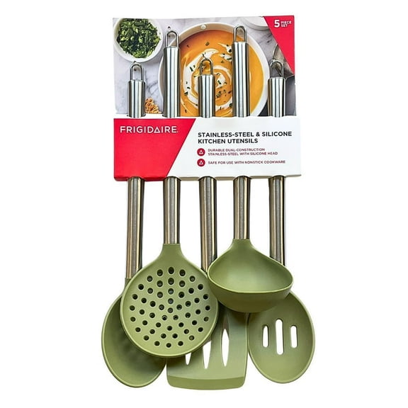 Frigidaire Silicone Cooking Utensils, 5PC Set, Easy to Clean Silicone with Stainless Steel Handles