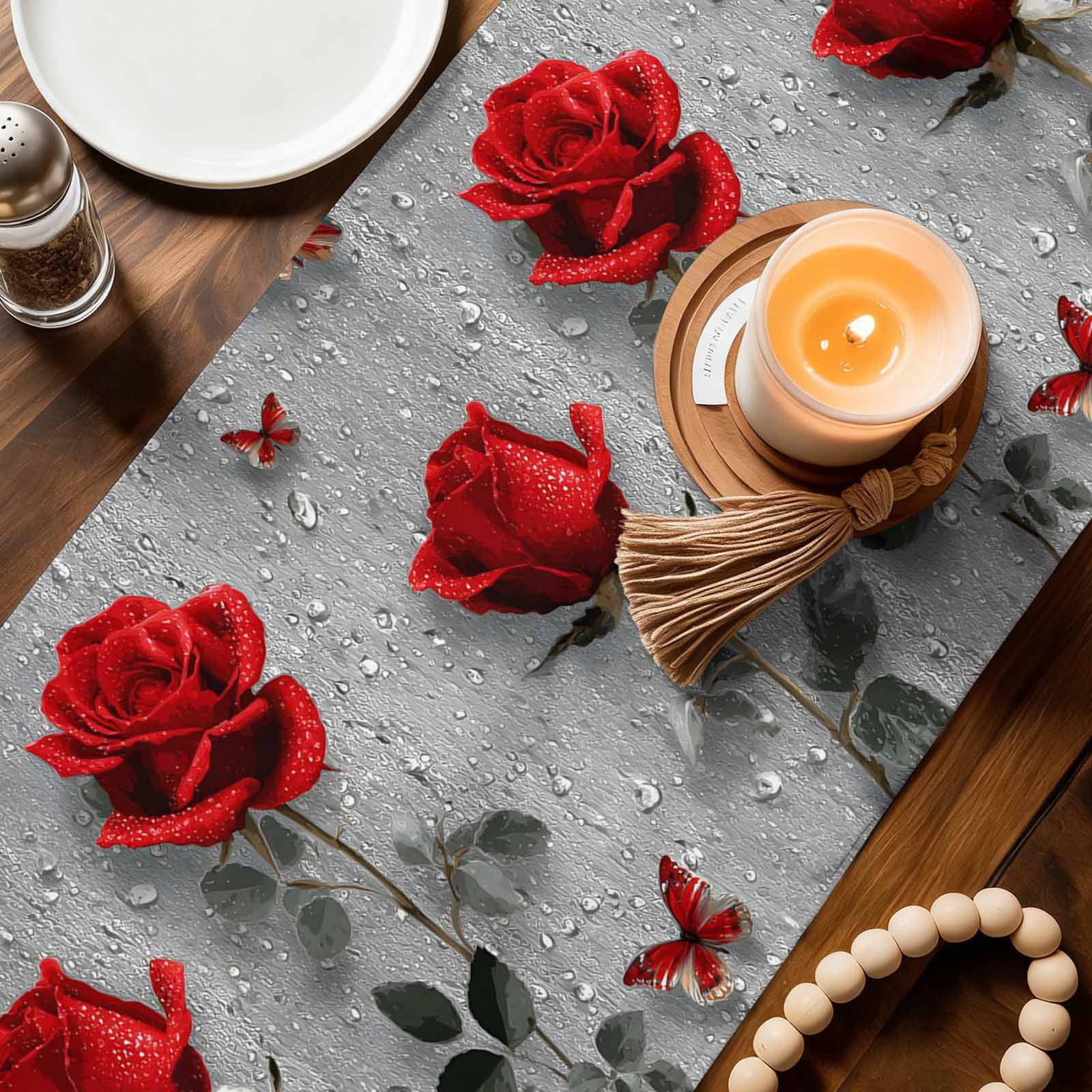 Red Roses Table Runner Linen Burlap Table Runner 90 Inches Long Valentine's Day Butterflies Floral Romantic Gray Dresser Scarves for Kitchen Island Coffee Dining Party Wedding Holiday Decor 13"x90"