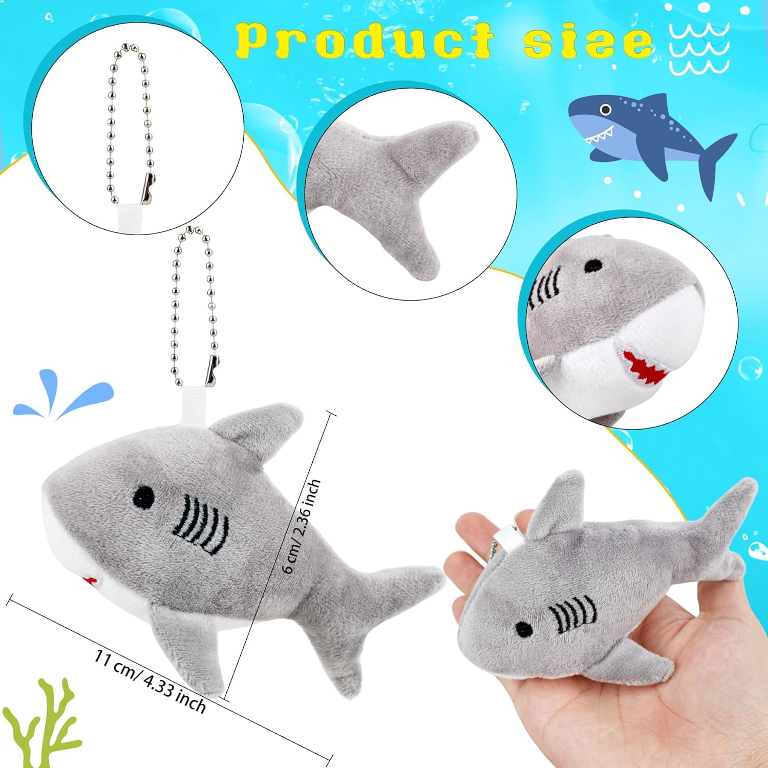 30-Pack Mini Shark Plush Toys - 4.7" Soft Sea Animal Keychains for Party Favors, Goodie Bag Fillers, and Classroom Prizes