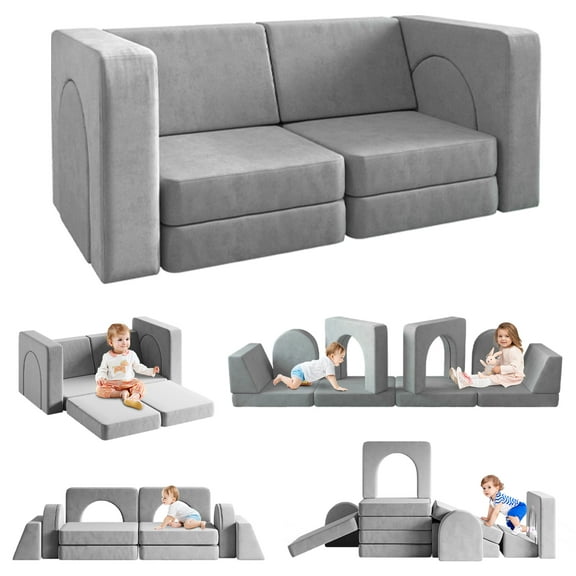 Kids Sofa Couch 10PCS, Linor Modular Toddler Couch for Playroom, Dutch Velvet Multifunctional Play Couch Sofa for Kids, Gray