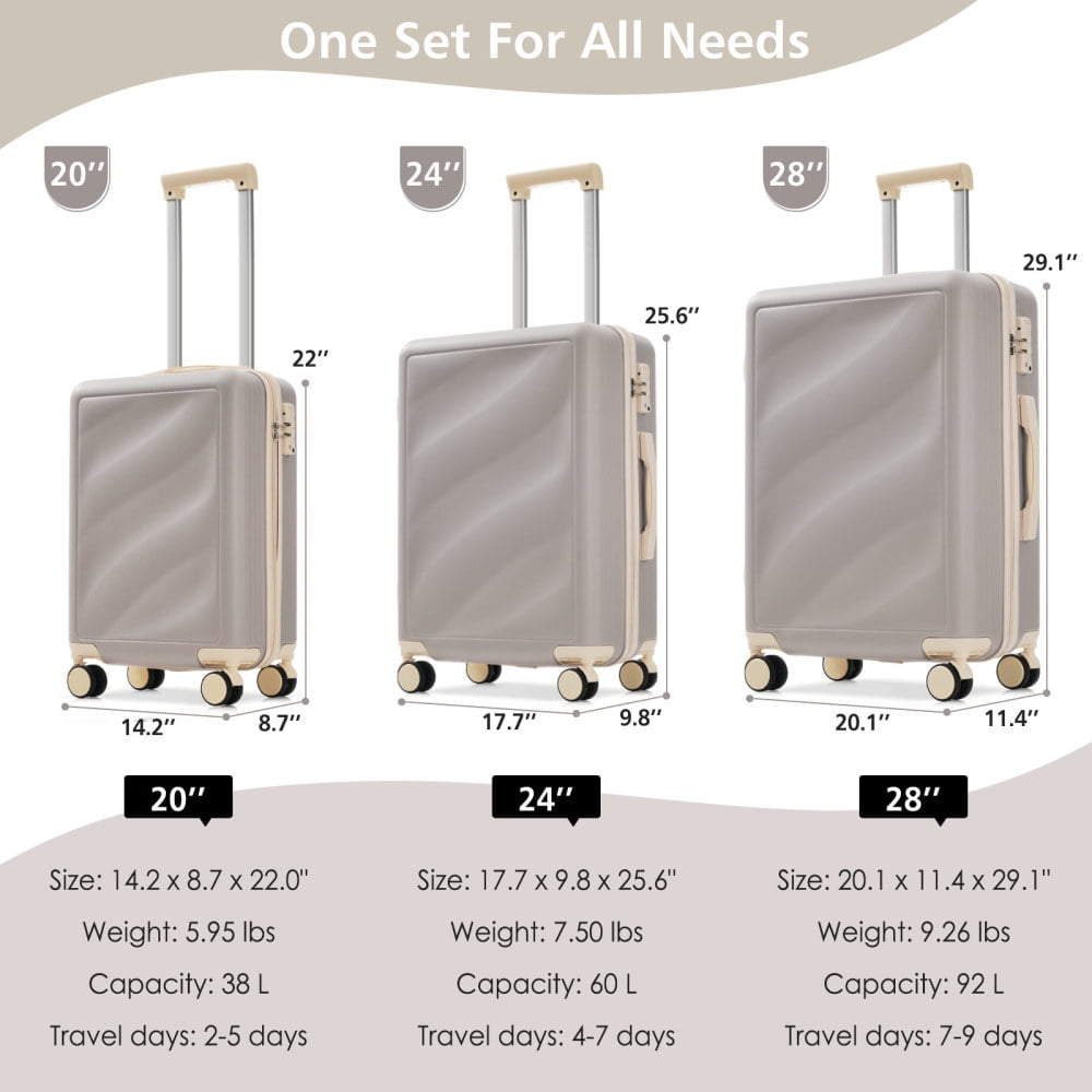 HomePerch 3-Piece Luggage Set (20"/24"/28"), Lightweight ABS Hardshell Suitcases with Spinner Wheels, TSA Lock & Side Hooks, Carry-On and Checked Travel Luggage