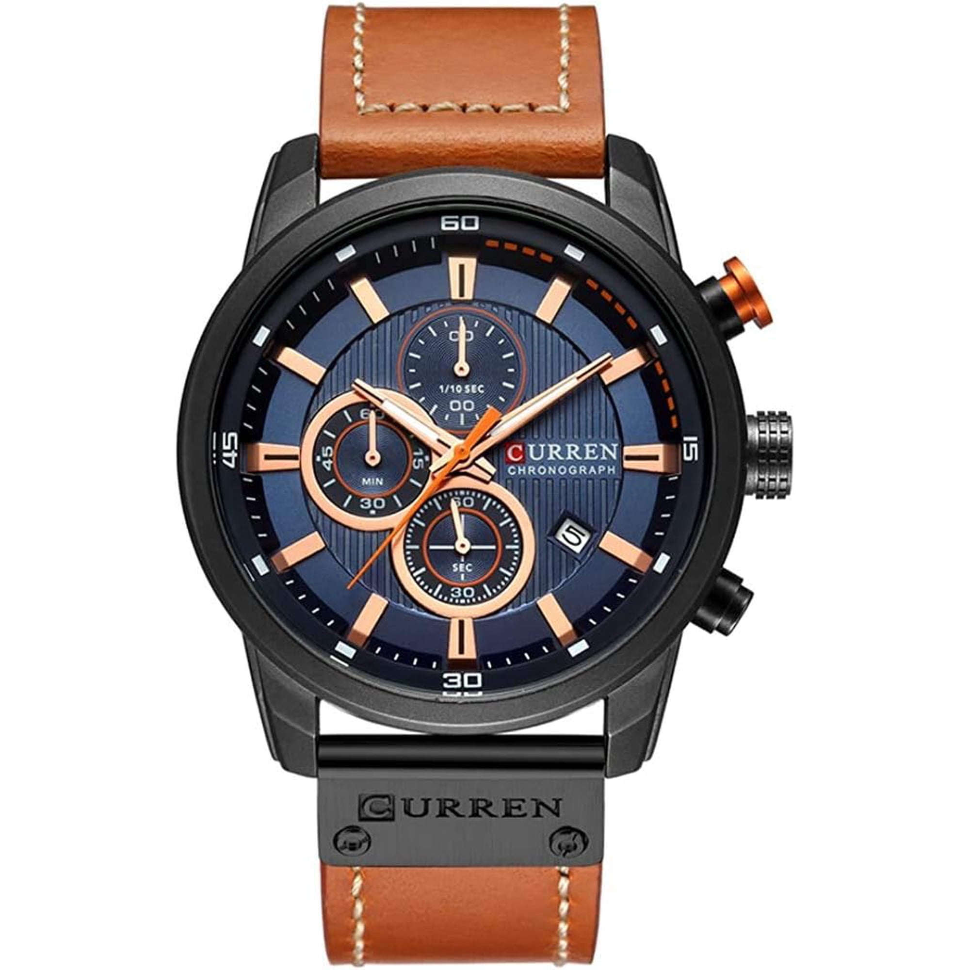 Mens Multifunction Sport Chronograph Watch Military Waterproof Japanese Quartz Wrist Watch Brown Leather