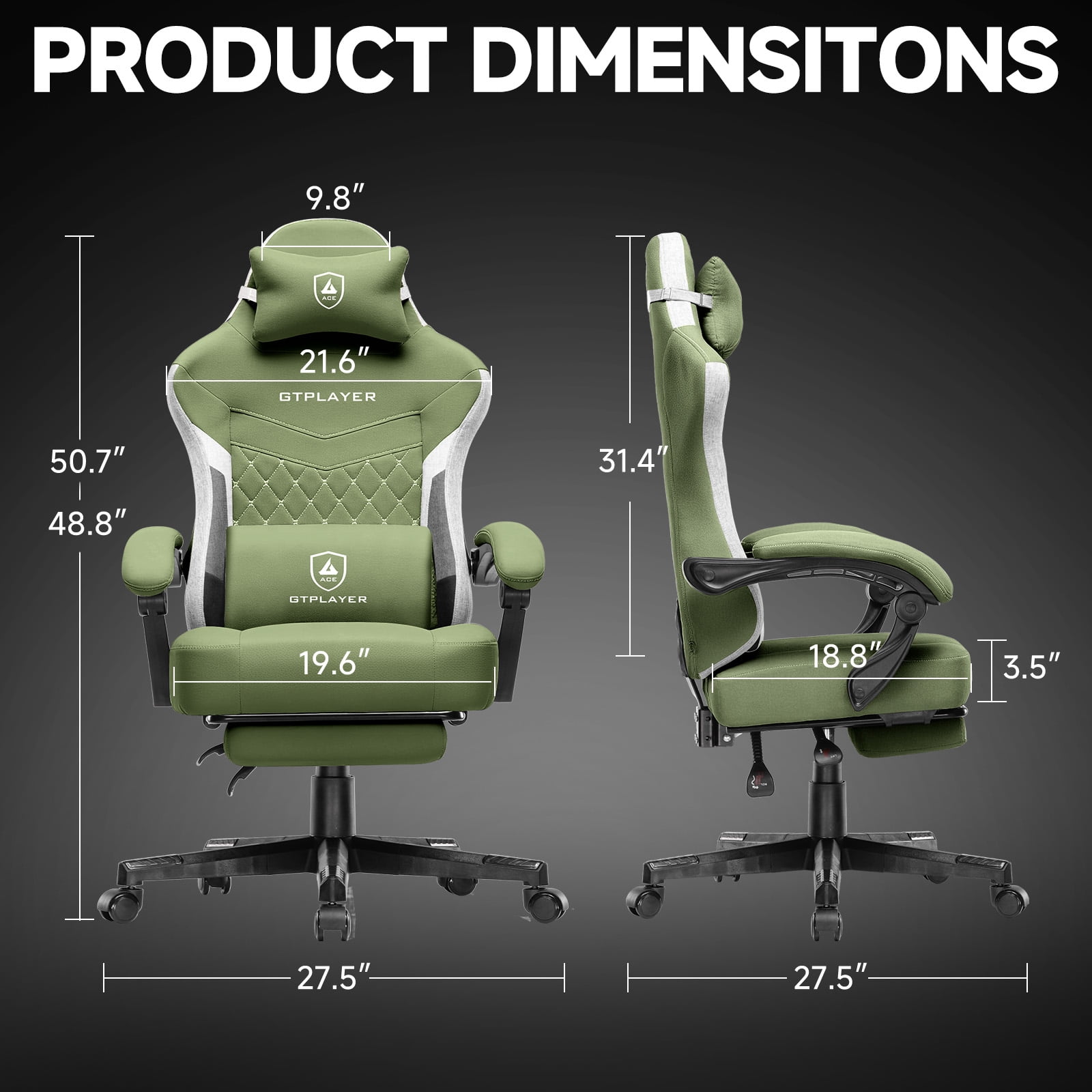 GTPLAYER Gaming Chair, Fabric Ergonomic Office Chair with Footrest and Lumbar Suppor for Adult, Green