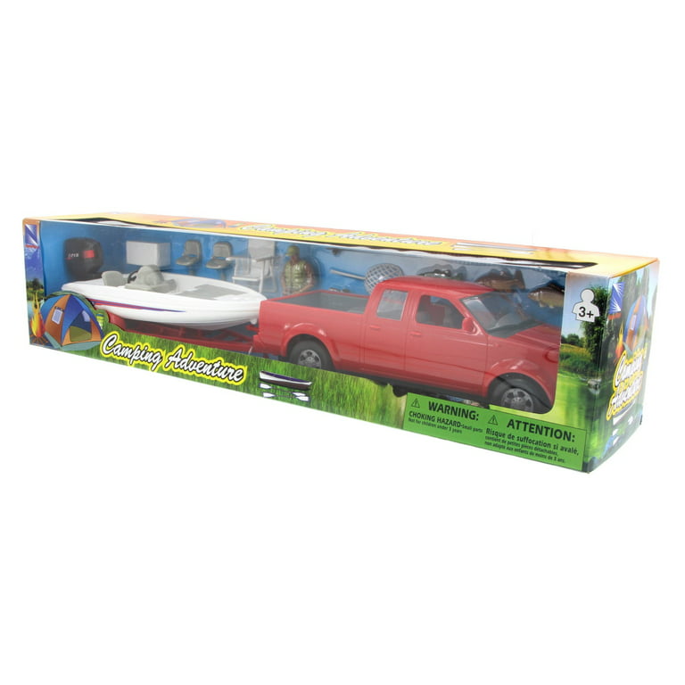 Pick-Up Truck w/ Boat & Fishing Accessories, Red - New Ray 37135 - 1/20  Scale Model Toy Car Set