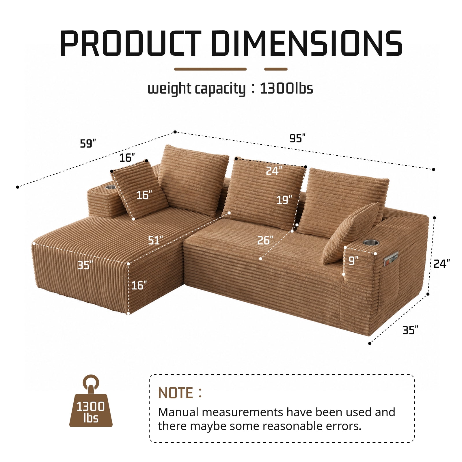 95'' Boneless L Shape Modular Sofa Couch with 4 Pillows and 2 Cup Holders