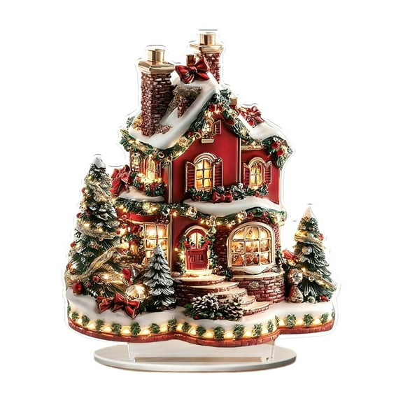 2D Acrylic Christmas House Tabletop Ornaments With Base, Christmas Teapot House Decor For Home Table,Fireplace,Kitchen,Porch,Whimsical Holiday Display, Festive Christmas Village Accessory