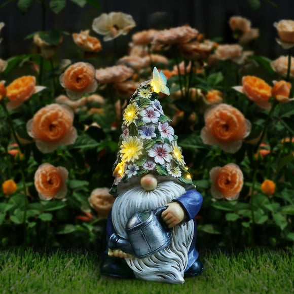 Lewondr Gnome Garden Statue, Waterproof Resin Gnome Sculptures Holding Watering Can, Solar Garden Decor with Warm Light, Indoor Ou