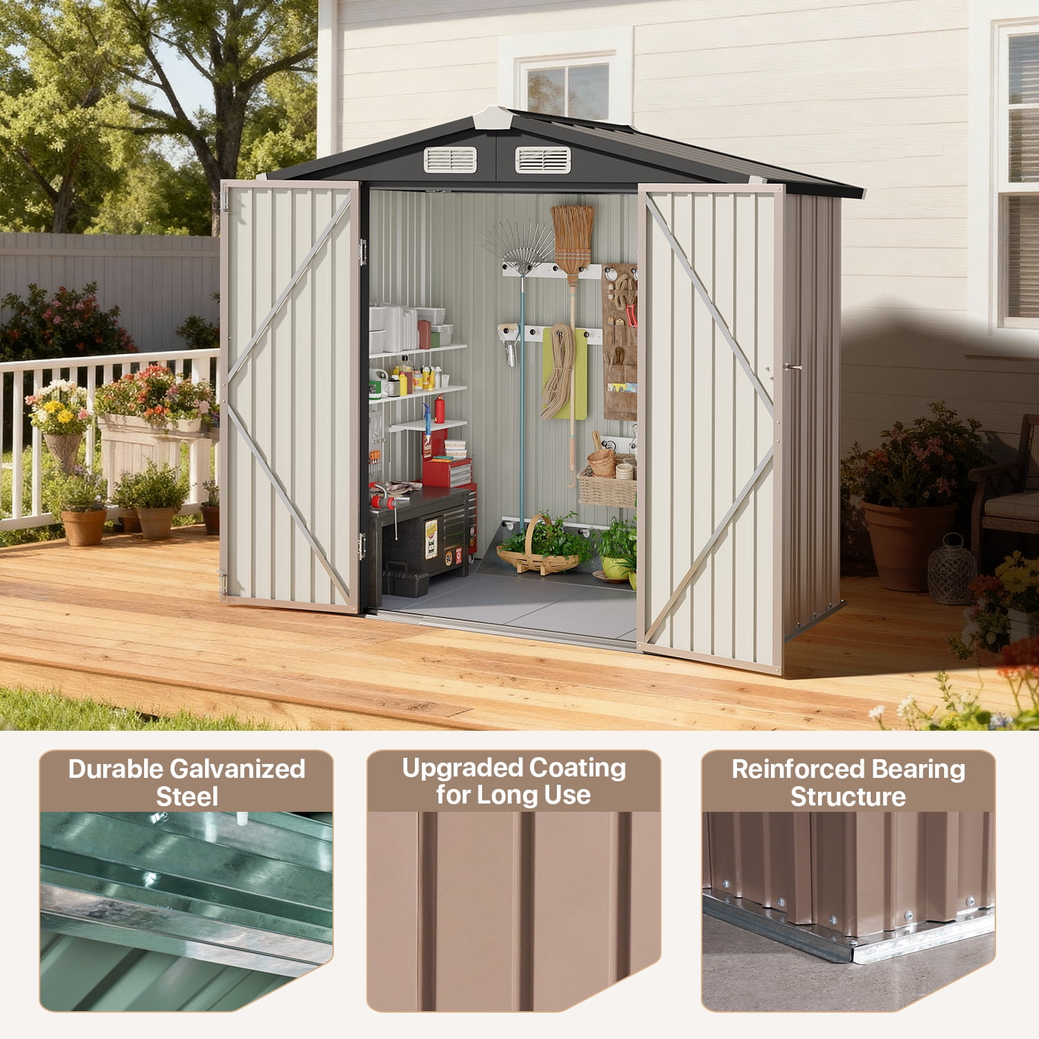 BaPiPro 6x4FT Brown Metal Storage Shed with Solid Floor, Gable Roof & Double Doors
