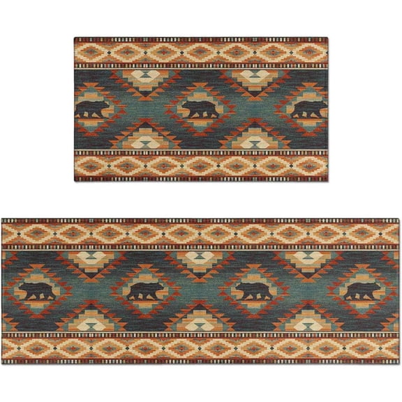 Western Style Kitchen Rugs and mats Set of 2,Country Vintage Kitchen Mats for Floor,Non Slip Absorbent Mats for Sink Waterproof Runner Rug for Laundry Room 17 X48/17X30Inch