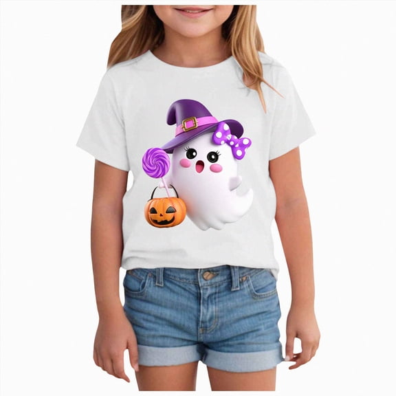 Xyant Halloween Shirts for Girls Cute Fall T Shirt Kids Toddler Pumpkin/Ghost Holiday Boo Short Sleeve Tee Tops Girls Halloween T Shirt,Size 2-14 Years