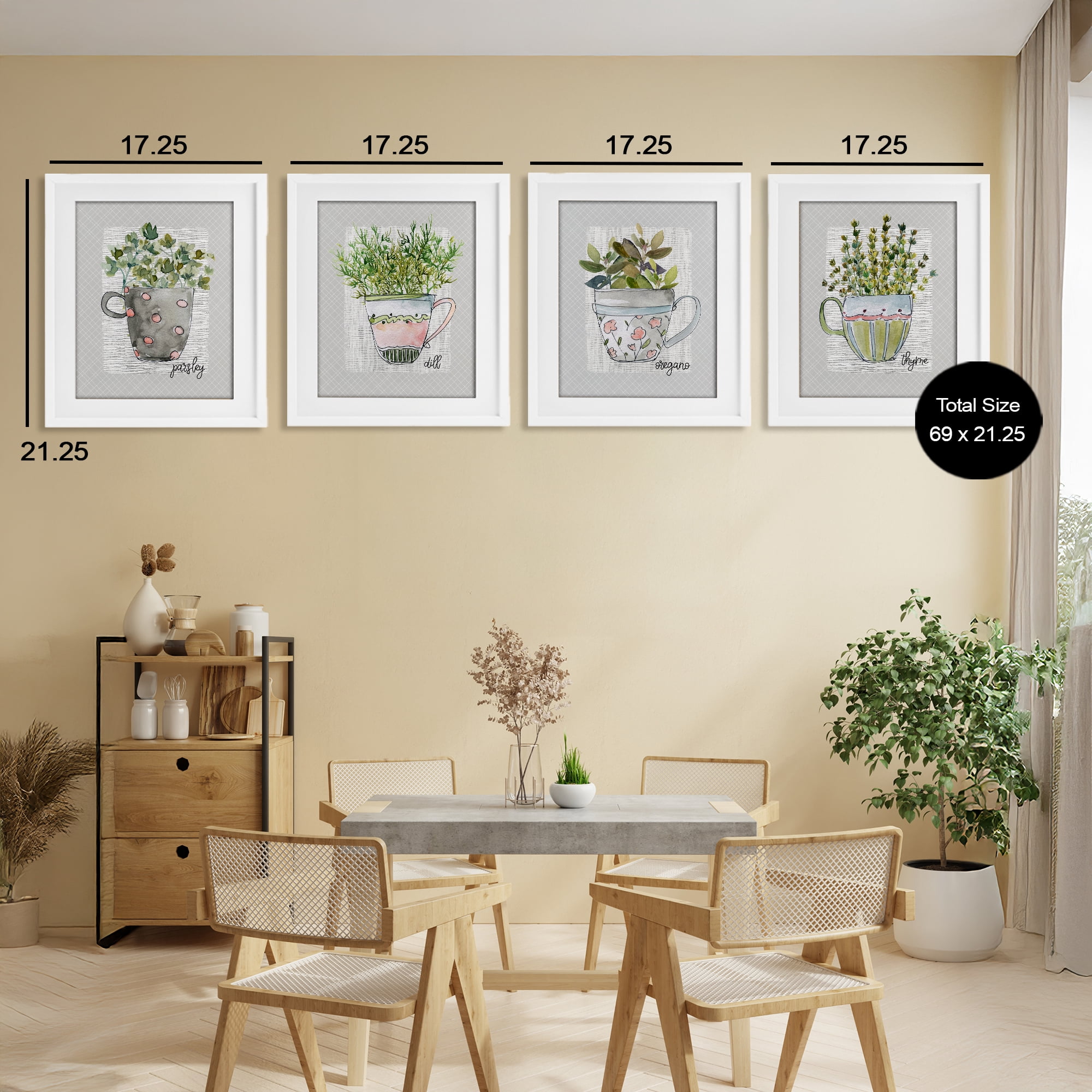 Stupell Industries Kitchen Herbs in Mugs 4 Piece White Framed Print Under Glass Set, design by Livi Finn
