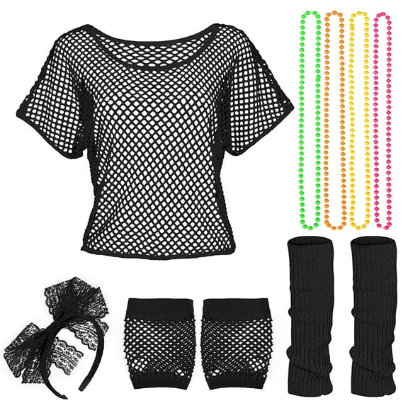 Helii 5PC Women Tops Outfit Net Short Sleeve Necklace Leg Warmer and Lace Headband Set Casual 80s Fancy Dress Accessories Carnival Party M-XL Black