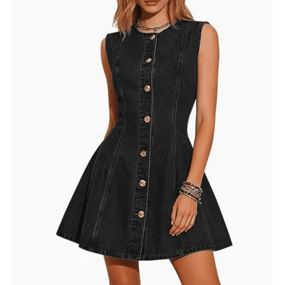 Women Denim Dresses Jean Sleeveless Button Down Mini Tank Casual Babydoll Dresses