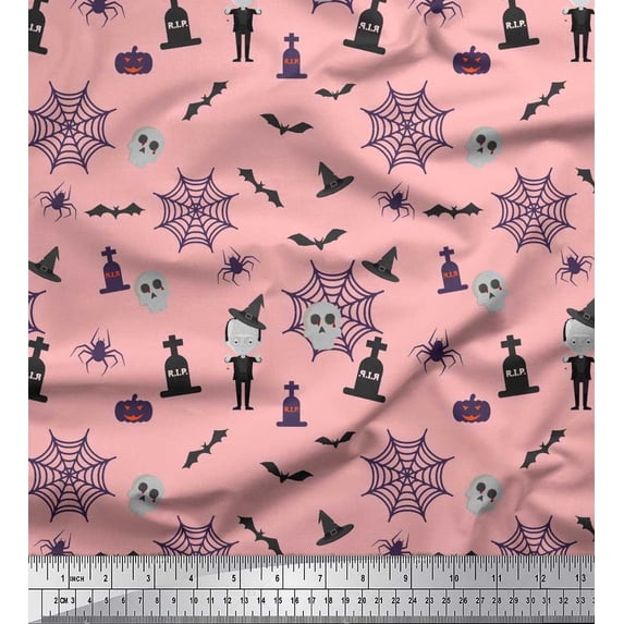Soimoi Rayon Fabric Bat,Skull & Witch Halloween Print Fabric by Yard 56 Inch Wide