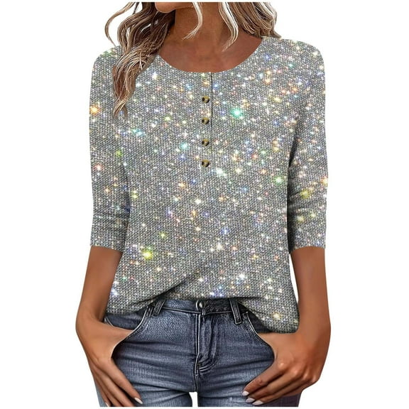 cocolona Womens 3/4 Sleeve Sequin Tops Button Crew Neck Sparkly Shirts Dressy Casual Blouses Loose Lightweight Tees