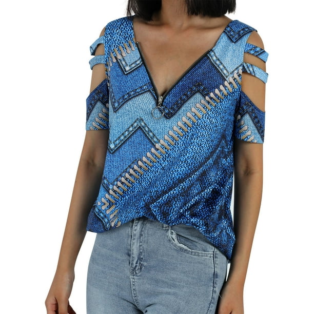 Lucakuins - Camiseta estampada con blusa para mujer, manga corta suelta con cremallera y cuello en V Lucakuins moda