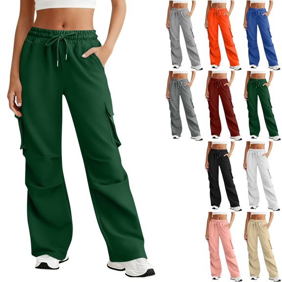 Sevevn Women's Cargo Wide Leg Sweatpants Drawstring Elastic Waist Casual Full Length Streetwear Trousers with Multi Pockets Army Green XL