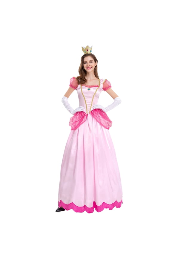 Princess Peach Dresses Adult with Crown and Gloves Women Pageant Long Dresses Pink Tulle Gown Carnival Dress Up for Photo Shoot Birthday Party Outfit L Pink
