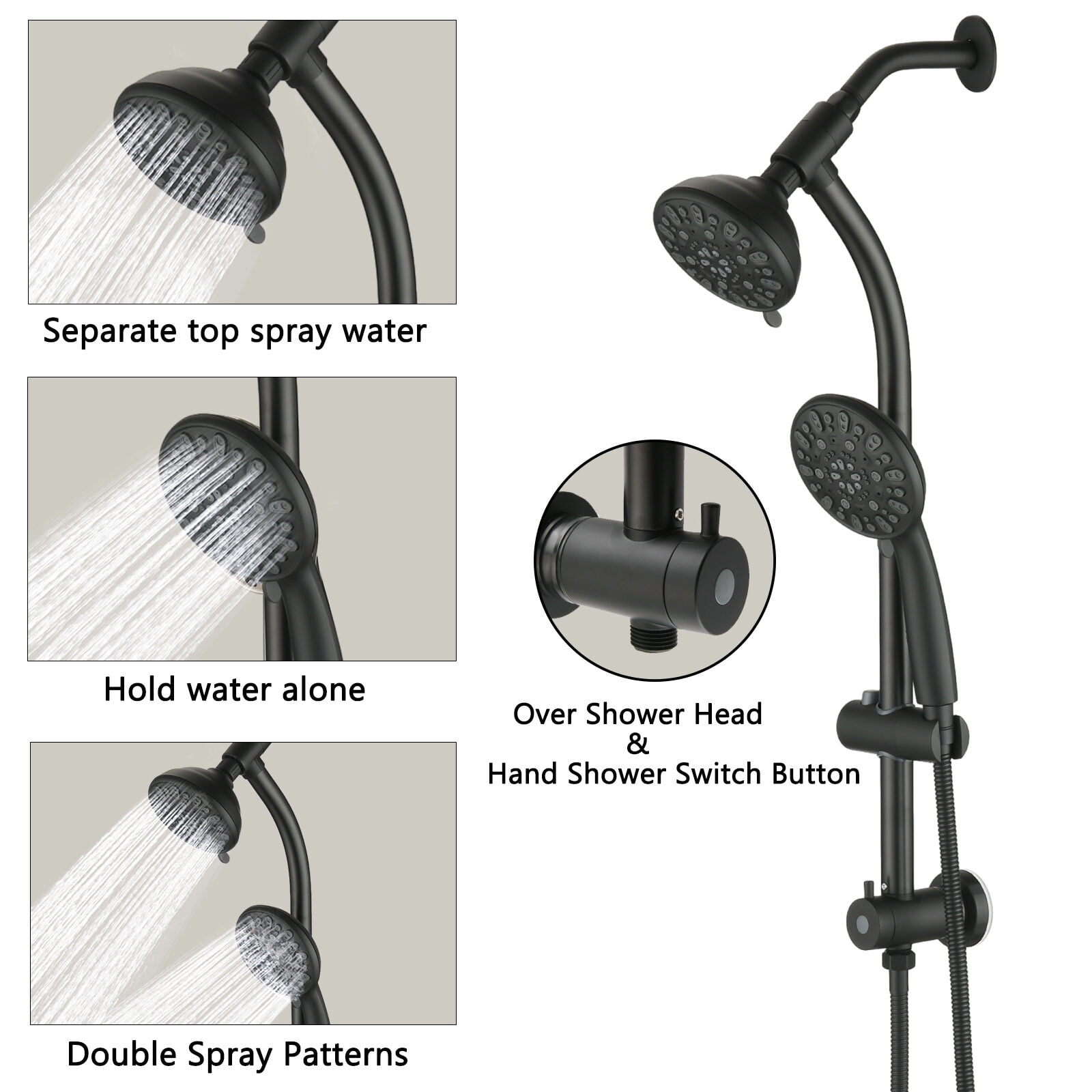 Drill-Free Stainless Steel Slide Bar Combo Rain Showerhead 7-Setting Hand,Dual Shower Head Spa System,Matte Black Abs Bath Faucets Freestanding Tub Faucets