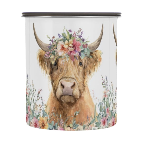 900ml Stainless Steel Food Storage Containers Highland Cow with Flowers Airtight Kitchen Canisters with Vacuum Lid for Coffee Tea Flour Sugar Grains
