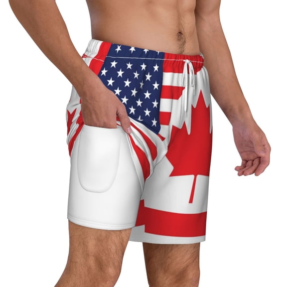 Mens Canada Us Friendship Flag Combination Swimming Trunks with Compression Liner Beach Quick Dry Swim Shorts