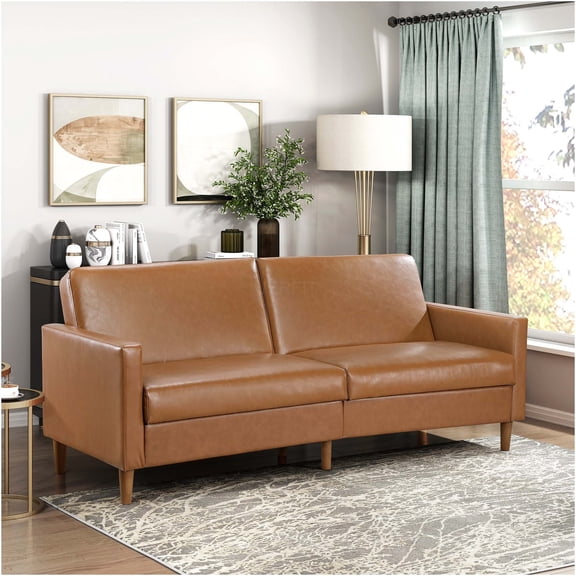 JERFIT Modern Convertible Sofa Bed with Faux Leather Upholstery, Camel Sleeper Futon Couch for Small Spaces