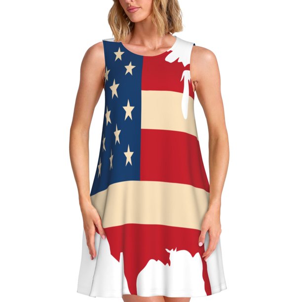 Fotbe American Flag Map Vestido de Verano sin Mangas para Mujer – Vestido Midi Línea A, Estilo Camiseta Floral, Vestido Playero Casual y Fluido