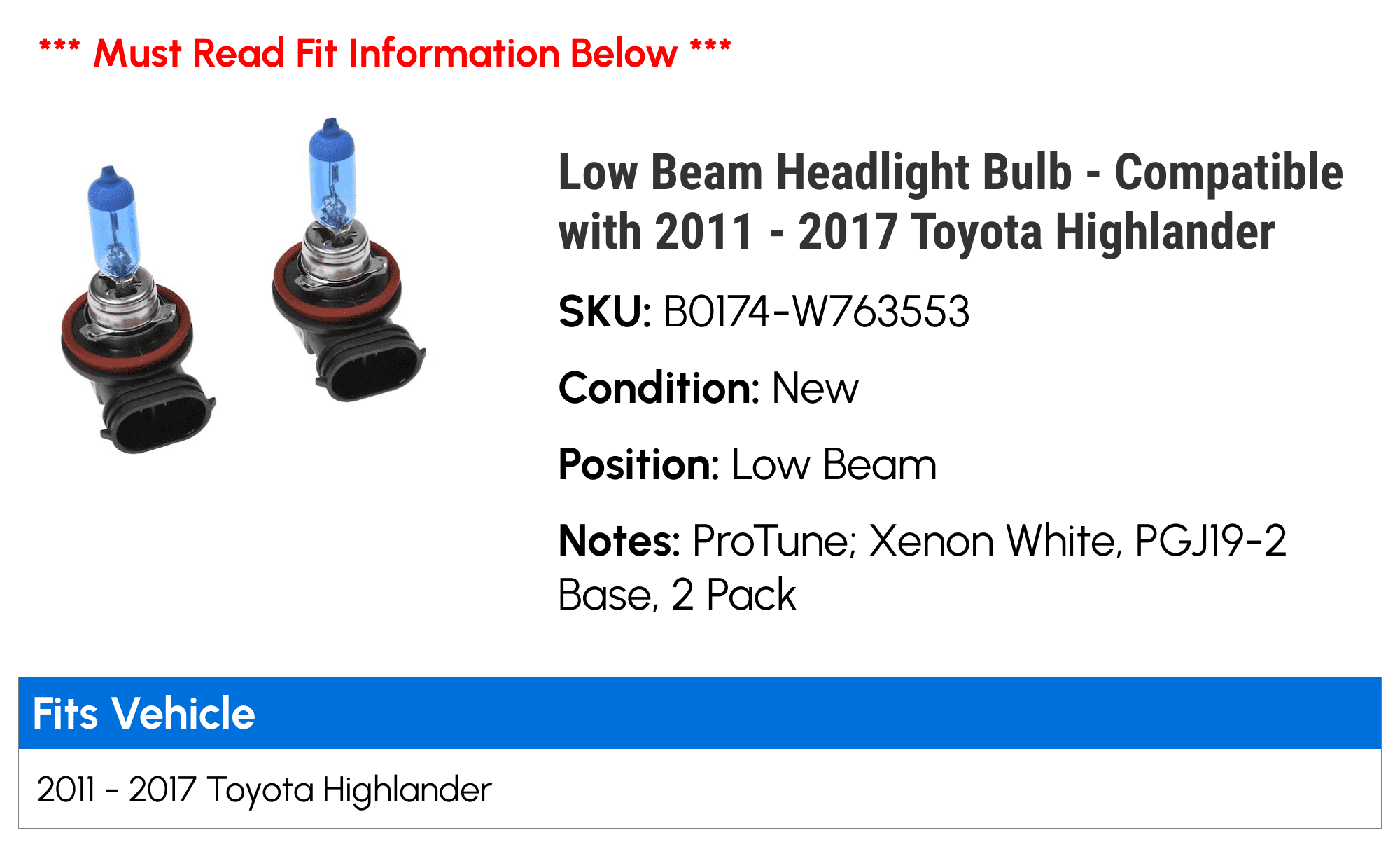 Low Beam Headlight Bulb - Compatible with 2011 - 2017 Toyota Highlander 2012 2013 2014 2015 2016