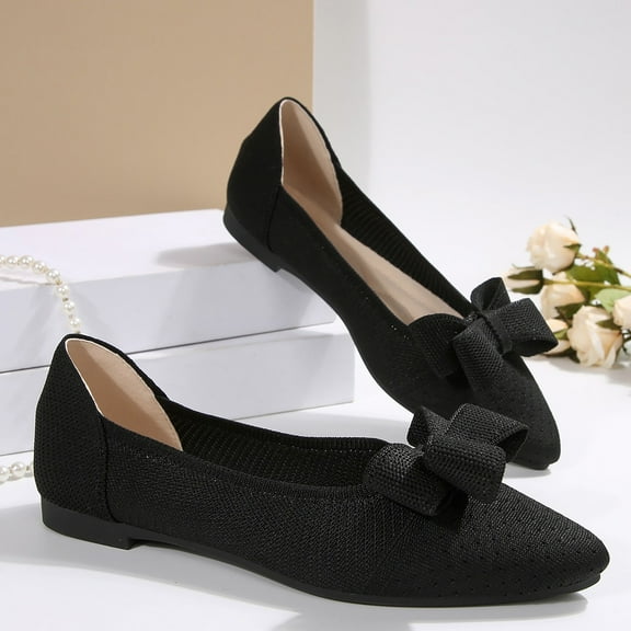 XIMIN Womens Low Heels Closed Toe Pumps Shoes Comfortable Knit Bow Memory Foam Insole Slip on Work Office Casual Wedding Dressy Footwear (9.5, Black)