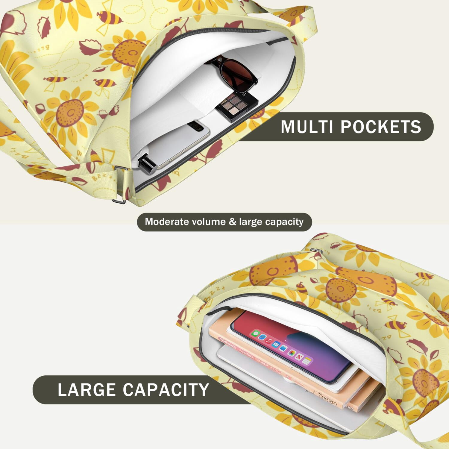 Country Inspired Sunflower Farm Theme Sling Bag - Spacious Work Bag with Multi-Pocket