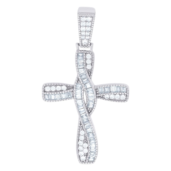 925 Sterling Silver Mens Baguette Cubic Zirconia Twisted Cross Religious Charm Pendant 47.1x25.8mm Wide Necklace for Men