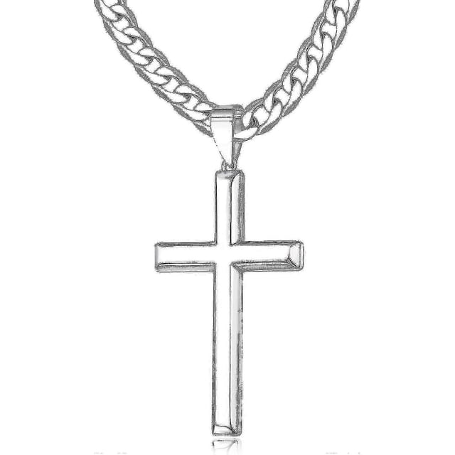 Collar con cruz de plata de ley 925 para hombre y mujer, 45 mm, eslabón cubano de acero inoxidable, pulido brillante, chapado en oro blanco de 18k, crucifijo con borde biselado.28in-71cm