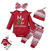 Baby Boy Girl Christmas Outfit, Esho Happy New Year Romper + Cute Printed Pants with Hat, Infant Xmas Clothes Gift 0-18 Months