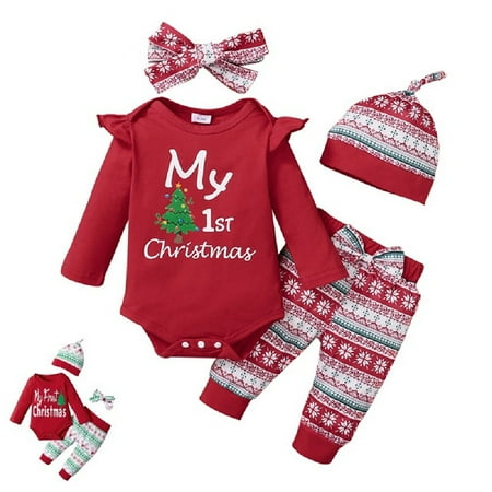 

Baby Boys Girls Christmas Clothes Sets BULLPIANO My First Christmas Bodysuit Romper + Striped Pants with Hat & Headband Size 0-18 Months