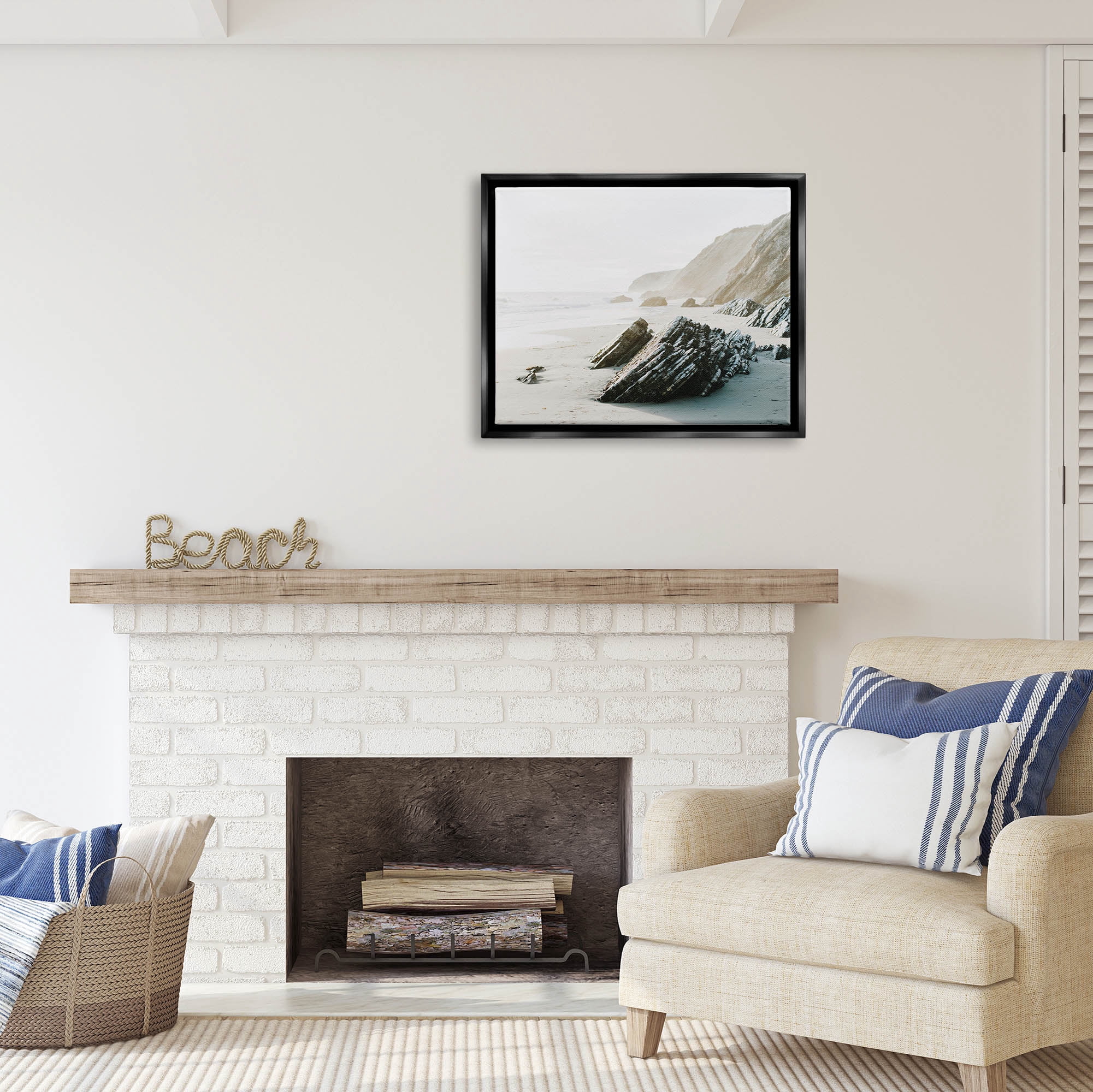 Stupell Industries Rocky Beach Cliff Sandy Shoreline Coastal Photography Black Floater Framed Art Print Wall Art