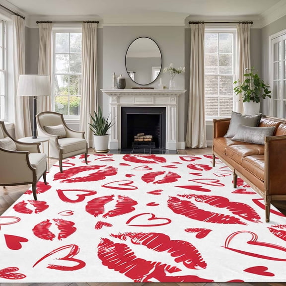 5'x7' Area Rugs for Living Room Bedroom, Kiss Marks Washable Rug Carpet Runner Indoor Outdoor, Valentine's Day Lips Print Love Red Vintage Non Slip Floor Mats Area Rug for Kitchen, Nursery