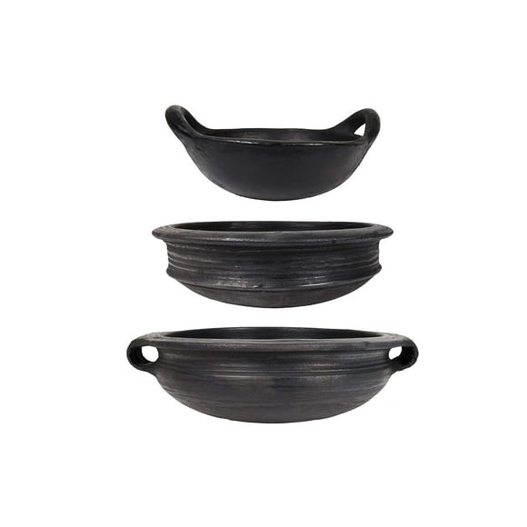 Black Pottery Kadai en Terre, Combo de Pots en Argile pour Cuisson Pré-Assaisonné - Noir, 3.5+2+1 Litres / Réchaud à Gaz Brûlé Profondément & Micro-Ondes - Combo de Pots en Argile Non Émaillés