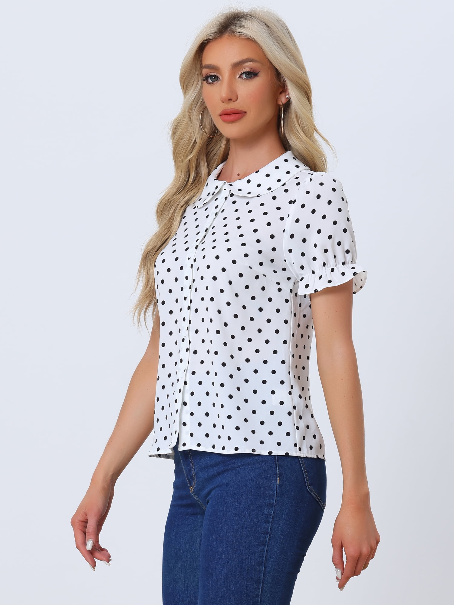 DARING DIVA Women's Polka Dots Doll Collar Puff Short Sleeve Shirts M White